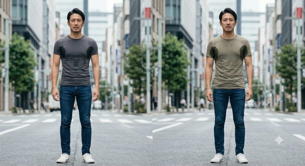 夏場のグレー・カーキのTシャツ