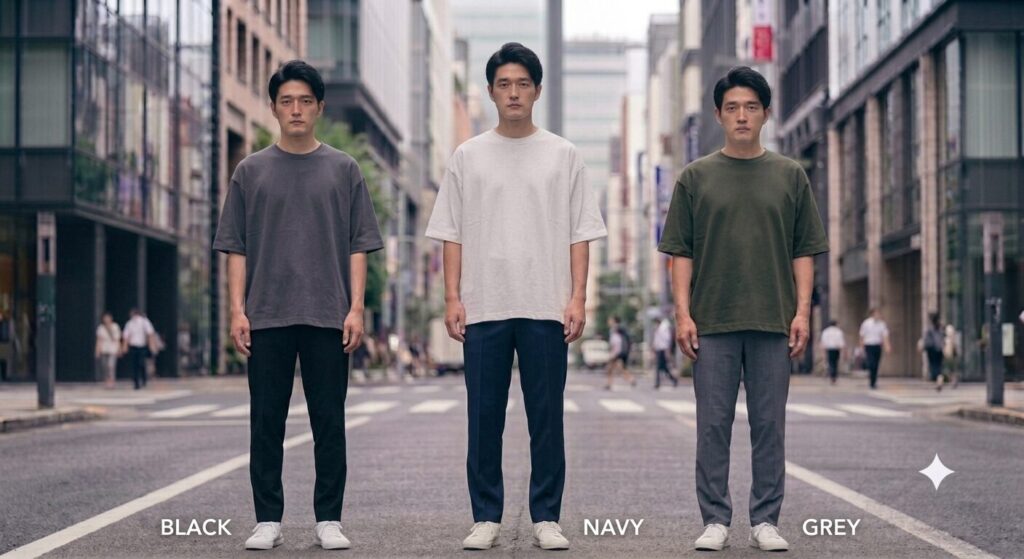 黒・ネイビー・グレーのテーパードスラックスを着用した男性3人の並び写真