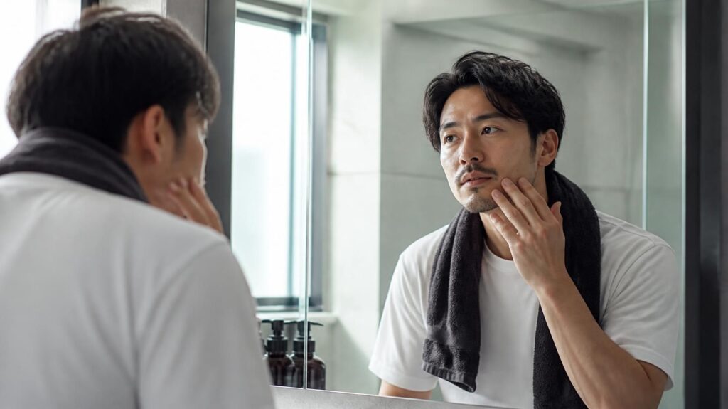 鏡の前でヒゲや顔まわりの身だしなみをチェックする男性