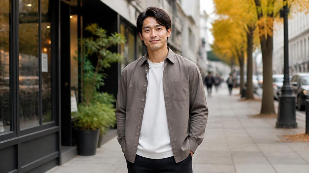 30代メンズ秋冬コーデ：長袖シャツに白Tシャツを羽織り爽やかさと清潔感を演出したスタイリング
