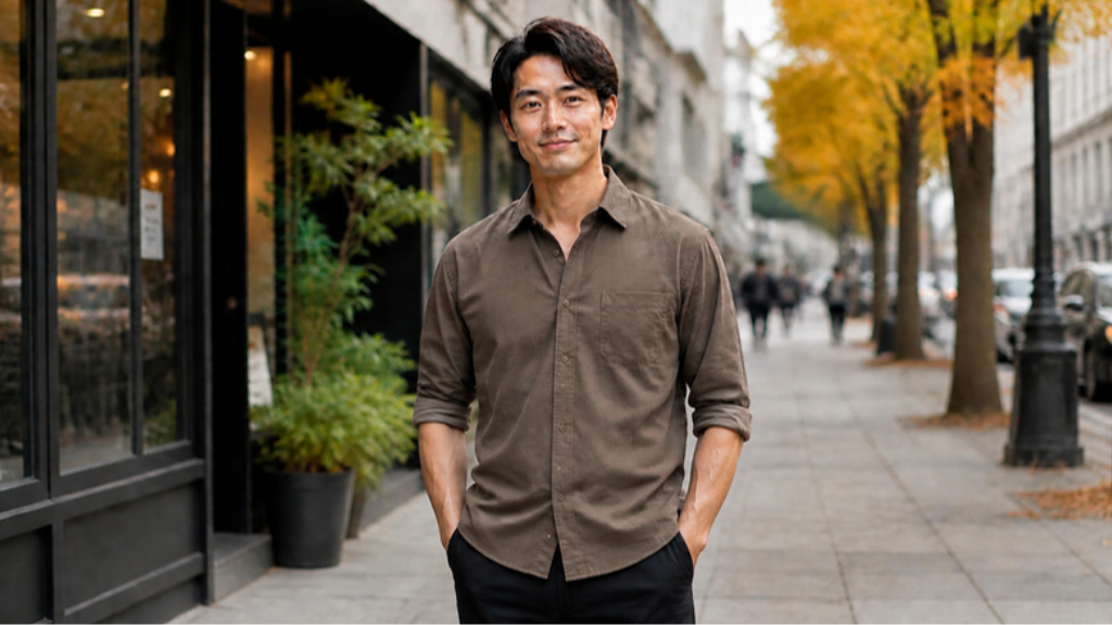 30代メンズ秋冬コーデ：長袖シャツ1枚着でボタン開けと腕まくりにより抜け感を演出したスタイリング