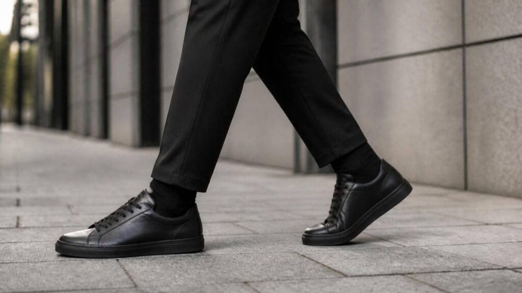 黒スラックスと黒ソックスに黒レザー系スニーカーを合わせた脚長効果のある30代メンズコーデ