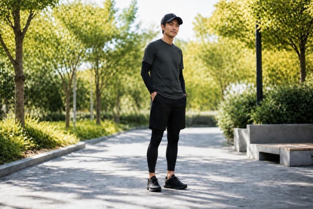 30代パパにおすすめの、汚れが目立たず日焼け・ケガも防ぐ全身黒のスポーツアイテム公園コーデ。キャップ、ダークグレーTシャツ、アームカバー、ハーフパンツ、レギンス、スニーカーを着たスタイリッシュな着こなし。
