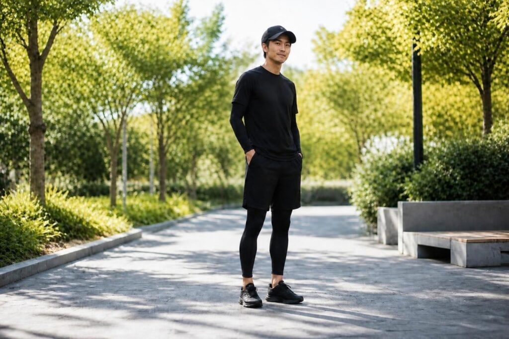 新緑の公園の小道に立つ、全身黒のスポーツウェアを着用したアジア人男性。黒のTシャツ、ハーフパンツ、レギンス、アームカバー、キャップ、スニーカーをスタイリッシュにコーディネートした、メンズのアクティブウェアスタイル。